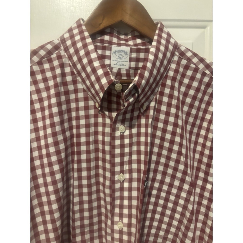 Brooks Brothers Polo Shirt Mens 2XL Red Maroon Gingham Check‎ Cotton Long Sleeve